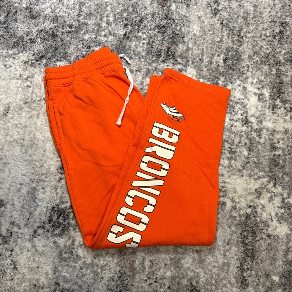 NFL Denver Broncos Sweatpants Mens XL Orange Fleece‎ Joggers Open Hem Graphic